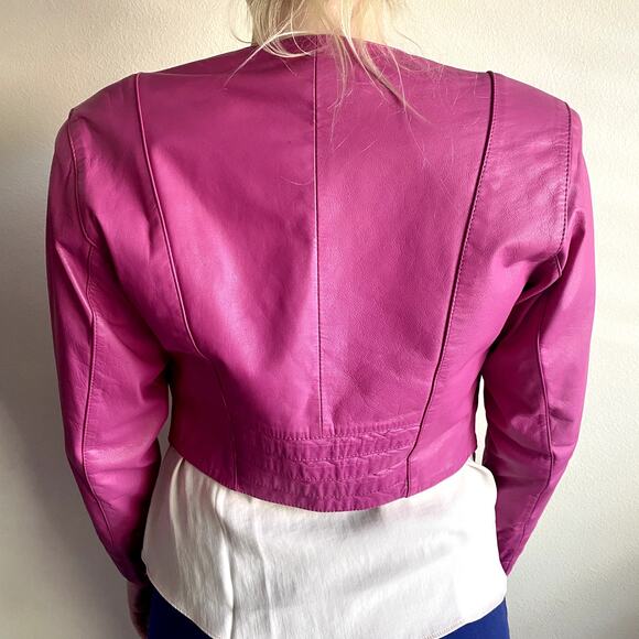 Vintage 80s Yucatan Bay Pink 2 Piece Leather Mini Skirt Jacket Matching Suit Set - Picture 11 of 14